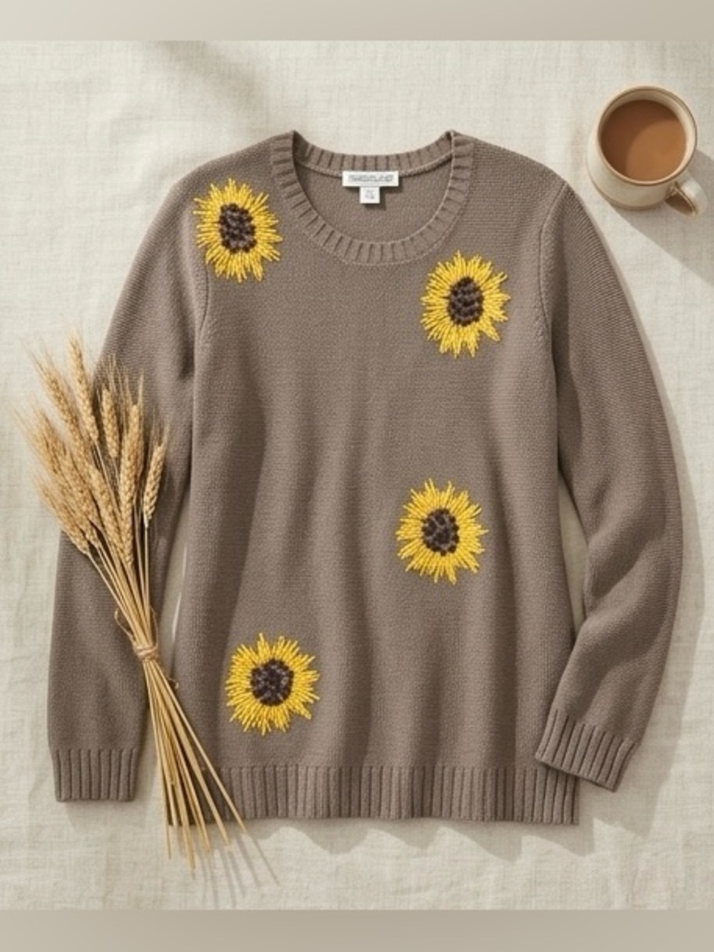 Coldwater Creek Light Brown Sunflower Oversized Cotton Blend Sweater